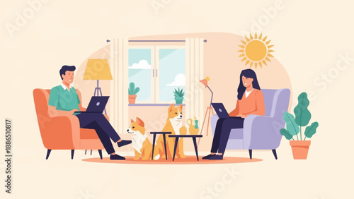 People work on laptops at home with pets and plants