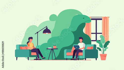 People working on laptops at home, with a large green creature behind them