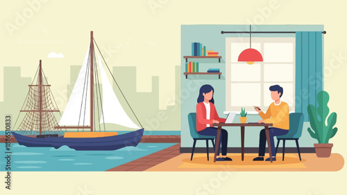 People working indoors with a sailboat visible through a split scene