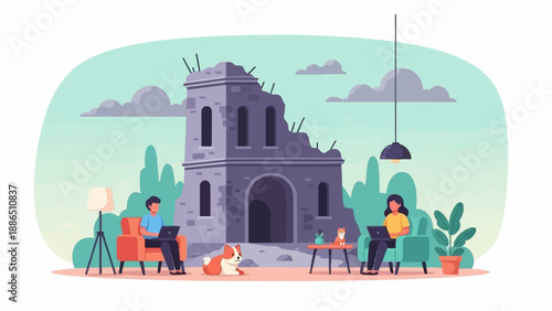 People work on laptops in a room with a ruined building outside