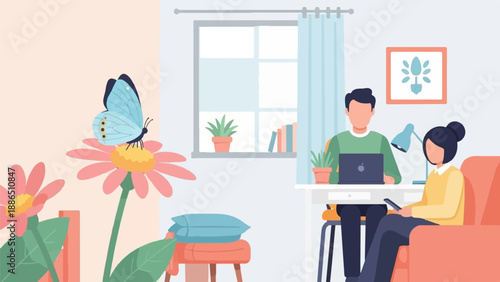 People working indoors with butterfly and flowers outside the window