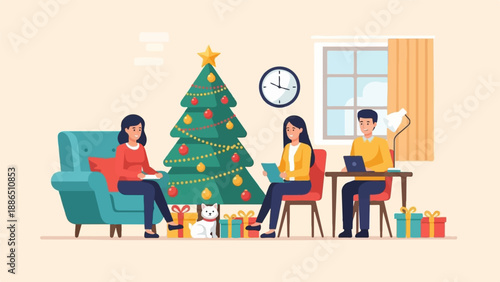 People working near a Christmas tree with gifts and a pet