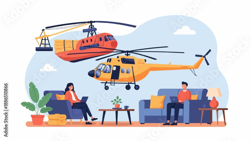 People working indoors with helicopters in the sky