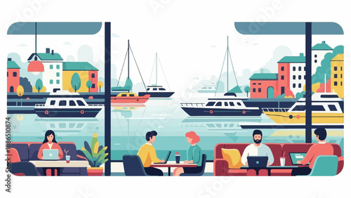 People work on laptops inside a cafe overlooking a harbor with boats and buildings