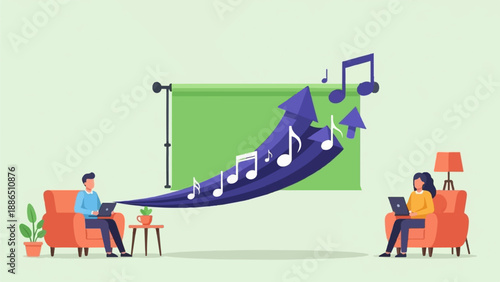 People work on laptops, music notes rise on growth arrow