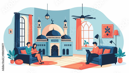 People on couches use laptops with a mosque in the background