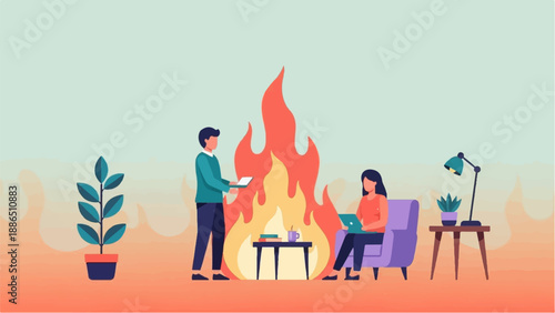 People working near a large fire, one on laptop, one with tablet