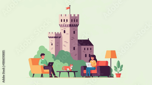 People work on laptops near a castle, with a dog on a table