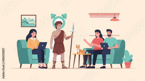 People work on laptops near a dog and a historical figure