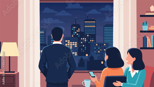 People look out window at illuminated city skyline at night