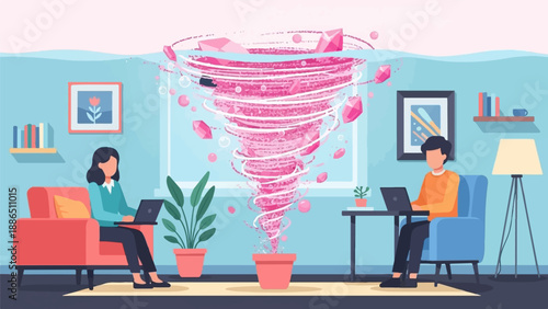People working on laptops as a pink tornado swirls with crystals