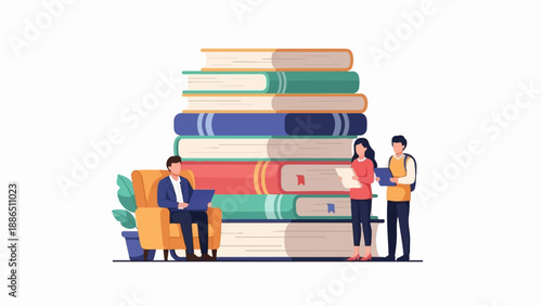 People learning near stack of colorful books and one using laptop