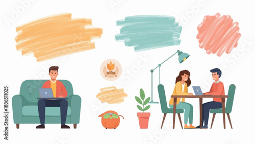 People working on laptops at home and in a co-working space