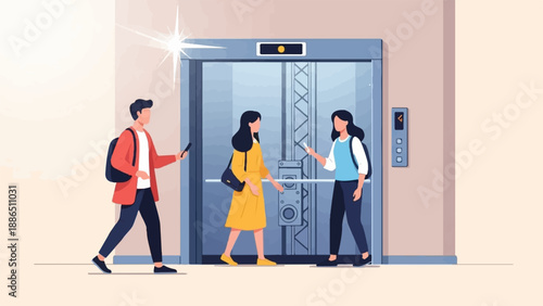 People near elevator, one with backpack, yellow dress, light blue top