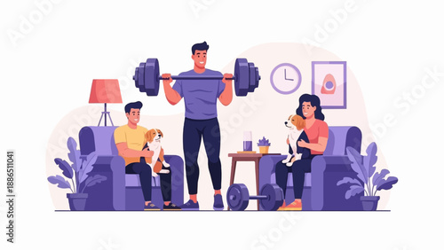 People lifting weights at home with dogs and plants