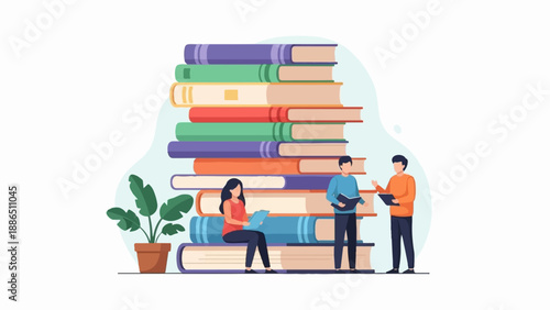People learning from a giant stack of colorful books