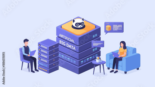 People interacting with technology and big data servers