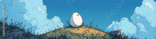 Single easter egg sitting on a hill in a soft spring landscape with slightly cartoon style