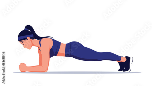 Athletic young woman in sportswear performs a plank exercise, demonstrating a core workout for fitness and strength training.