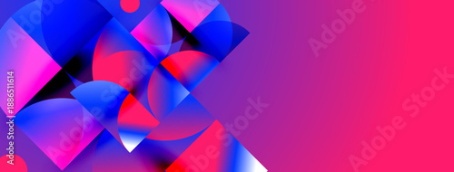 Abstract shapes blend vibrant blues, pinks. Dynamic composition creates modern visual impact. Gradient background adds depth.