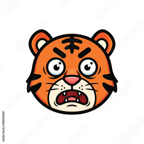 A cartoon tiger face with wide eyes and sharp teeth in a surprised expression viewed from the front