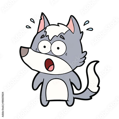 A cartoon gray wolf with a frightened expression stands alone, shocked, surprised, and fearful, an illustration of animal emotions.