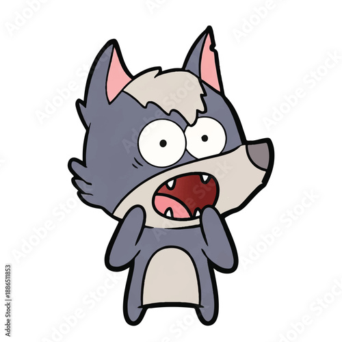 A cartoon wolf illustration with a shocked expression standing upright on a plain background from a front viewpoint