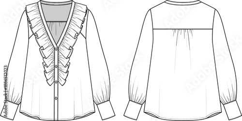 Women's blouse fashion flat sketch, deep V neckline with cascading ruffles, voluminous long sleeves, structured cuffs, back yoke gathers, curved hemline illustration