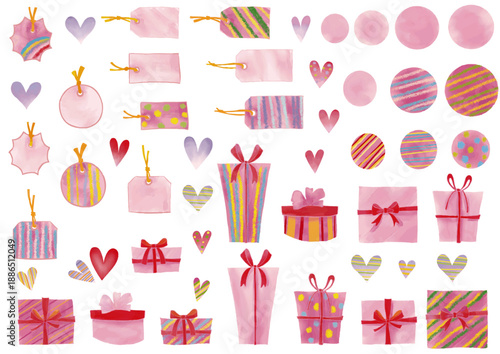 水彩風　ギフトボックス（リボン付き）とハートとタグフレームセット Happy Series:Watercolor gift box (with ribbon), heart, and tag frame set