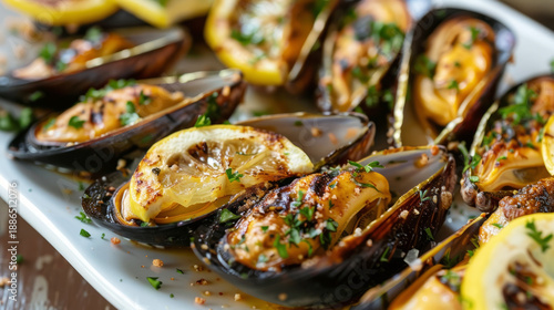 Succulent grilled mussels seasoned with herbs and lemon, a delicious seafood dish
