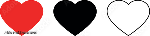  Red Black and White Heart Icon Set, Solid Filled and Outline Heart Shapes for Love, Romance, Valentine, Like, Emotion, Social Media, UI Design, and Graphic Projects