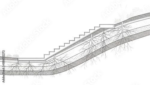 Architectural cross-section showing layered landscape with plants and roots