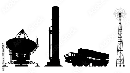Silhouette of a satellite dish, missile launcher, and radio tower against a white background