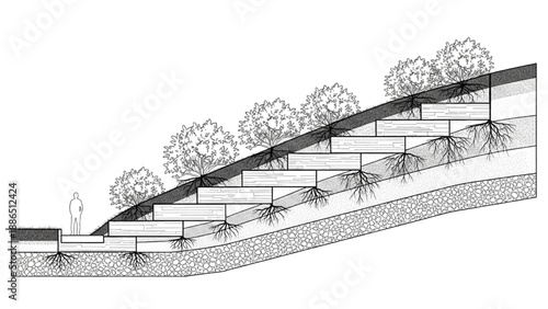 Detailed illustration of a multi-level terraced garden system with vegetation for erosion control on a slope