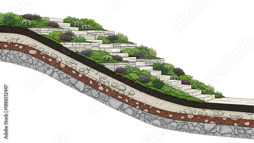 Section view of a terraced garden with layered soil and stone construction