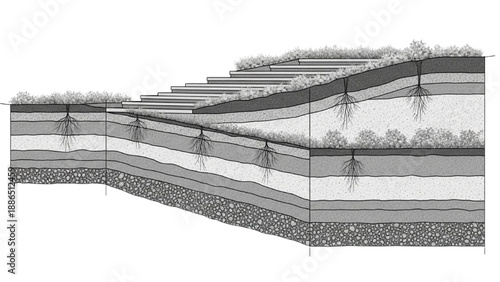 Illustrative diagram of multi-layered soil profiles with vegetation, depicting principles of land management and erosion control