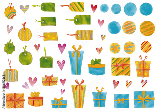 水彩風　オレンジとブルーのギフトボックス（リボン付き）とハートとタグフレームセット Happy Series:Watercolor orange and blue gift box with ribbon, heart and tag frame set