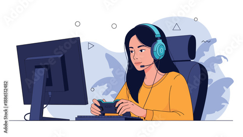 Young woman wearing headphones and using a controller to play a video game on her computer, representing esports and online gaming.