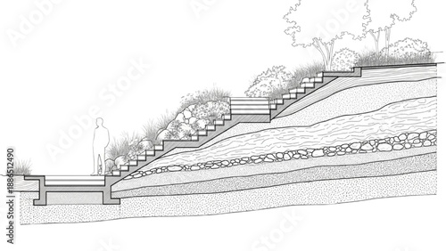 Cross-section illustration of a terraced landscape with a water feature and retaining walls