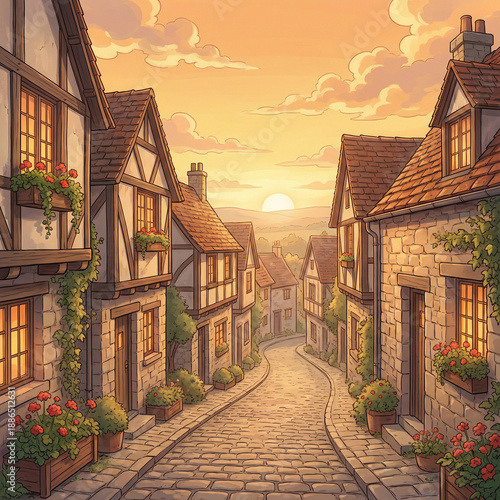 Charming village street at sunset with flower-filled window boxes  