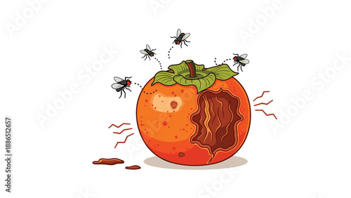 A rotten, half-eaten persimmon fruit is surrounded by buzzing flies, a cartoon illustration of food decay, waste, and decomposition.