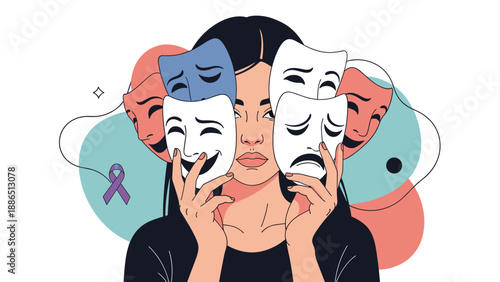 Woman holding multiple theatrical masks with different emotions, illustrating personality disorder, mood swings, or hiding true feelings.