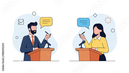 Man and woman stand at podiums, engaging in a public debate or presentation, with speech bubbles illustrating their discussion or speeches.
