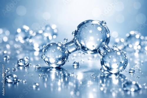 Water Molecule Visualization: A macro shot revealing a molecular representation of water, emphasizing the bonds between atoms and the properties of the vital element. The composition of the molecular.
