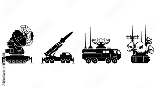 Black Silhouettes of Military Defense Technology Radar, Missile Launchers, and Communication Systems Icons