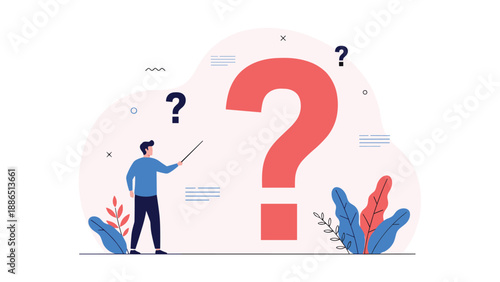 A man stands next to a giant red question mark, pointing at it, a concept for presentations, frequently asked questions, and finding answers.
