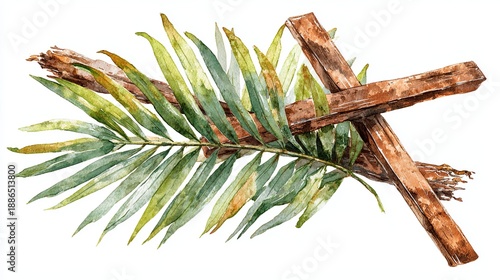 A symbolic representation of Palm Sunday with a palm branch and wooden cross on a white background