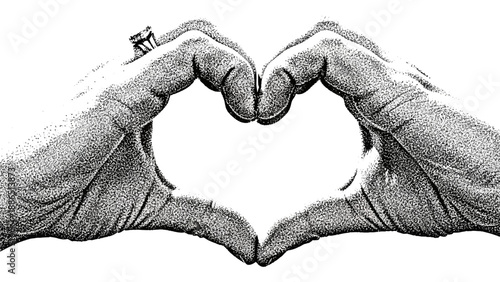 Detailed hand-drawn monochrome illustration of human hands forming a heart shape, an iconic gesture representing affection, solidarity, and tender connection