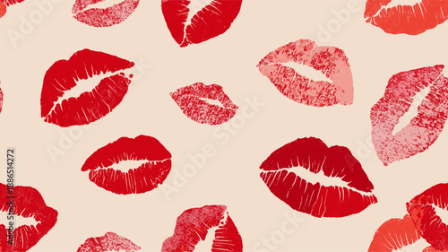 Red lipstick kiss marks covering a cream textured paper surface, creating a playful pattern. Red lipstick kiss marks seamless pattern on textured paper