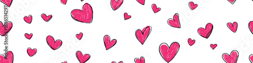 Pink hand-drawn hearts forming a seamless pattern on a white background. Pink heart pattern creating simple love background